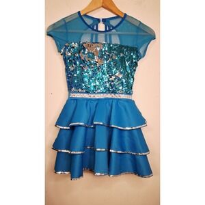 Girl's Weissman Dance Costume Dress Size LC Electric Blue Silver Sequins Tiered